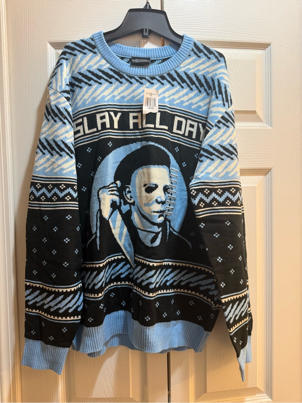 Slay All Day Michael Mask Graphic Crewneck Sweater - Light Blue & Black Size L